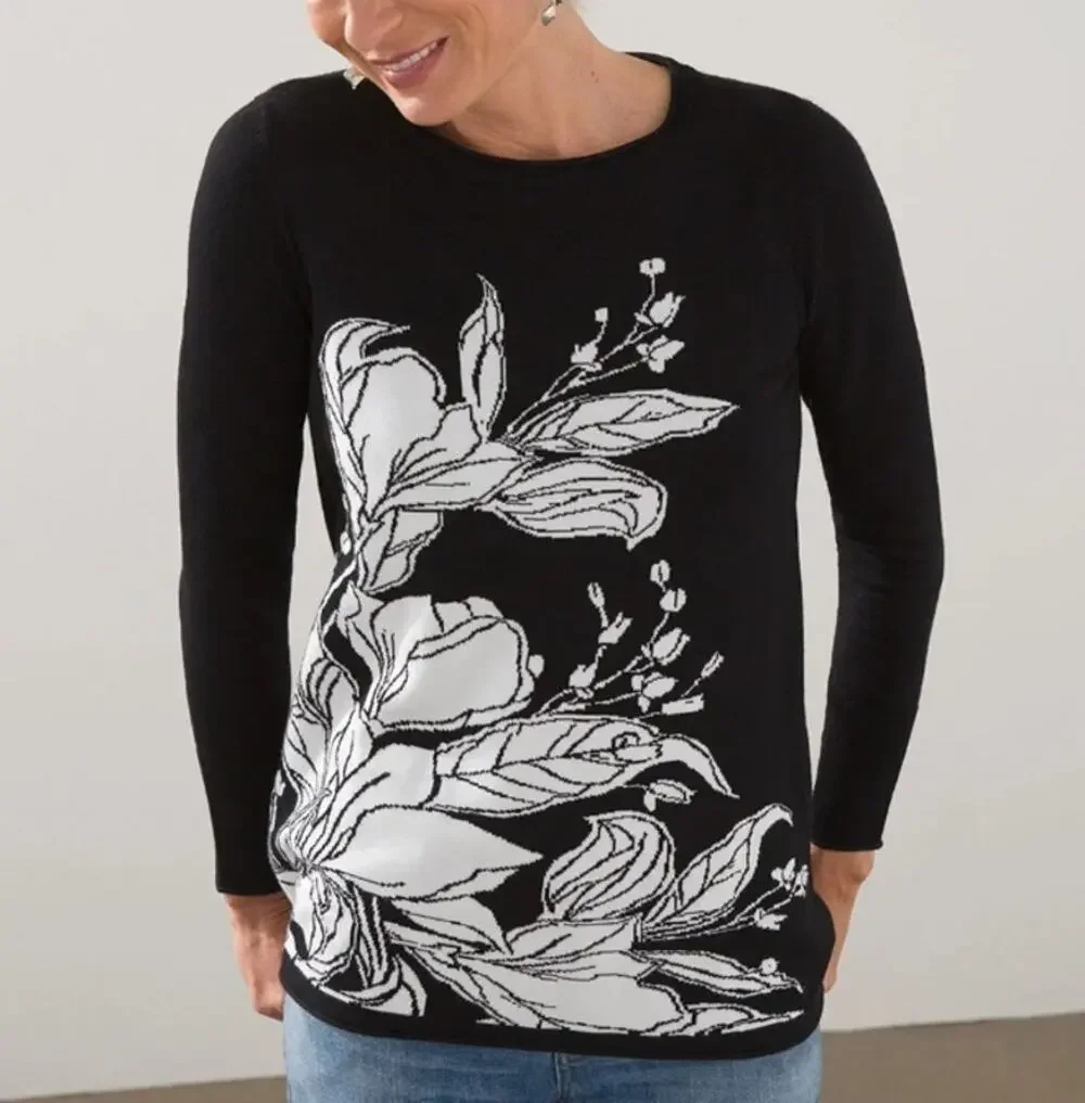 CHICO’S Lightweight Floral Sweater Pullover Knit Tunic Black White Womens Size L - Picture 1 of 9